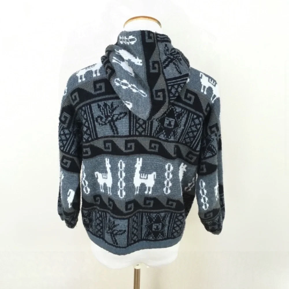 Tejidos Ruminahw‎ Alpacas Aztec Hooded Jacket Gray Black Men’s Small